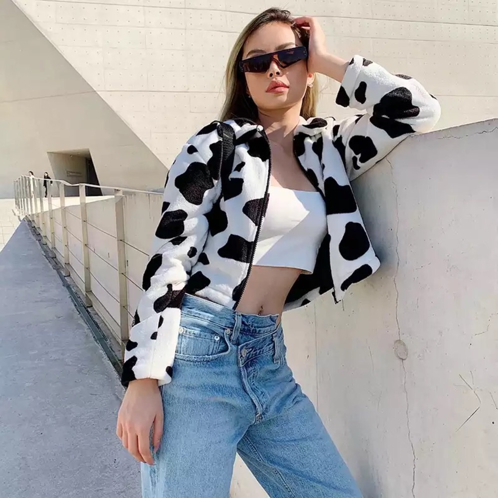 Cow Print Fluffy Jacket - Picture 2 of 4